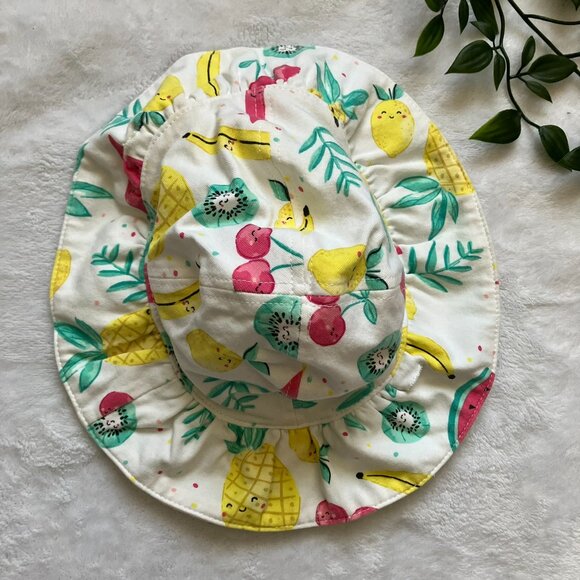 Baby Sun Hat 3-12M | Summer White Fruit Stripe Reversible GUC - Picture 3 of 11